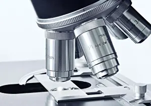 Laboratory Equipment Detail Drucke: Microscope, close up of objective lenses