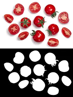 Food Photography Isolated Objects Drucke: Middle globe tomatoes, whole and sliced