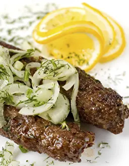 Skewered Meat Products Drucke: Minced mutton chops fried on skewers, macro