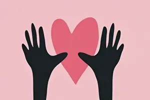 Drucke von Minimalistische Illustration von zwei schwarzen Händen, die ein rosa Herz gegen einen weichen rosa Hintergrund halten, symbolisierend Liebe und Fürsorge mit modernem Ästhetik Minimalistische Kunstwerke Drucke: Minimalistische Illustration von zwei schwarzen Händen