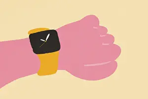 Drucke von Eine minimalistische Illustration einer cartoonartigen Hand, die ein schwarzes Armband trägt, gegen einen zweifarbigen rosa Hintergrund Minimalistische Kunstwerke Drucke: Eine minimalistische Illustration einer cartoonartigen Hand