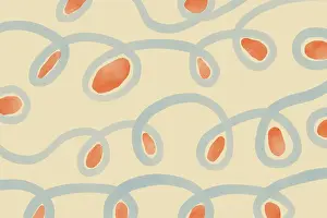 Abstrakte Kunst Drucke: Minimalistische organische Muster mit flüssigen blauen Linien und orangen Formen auf einem hellbeigen Hintergrund