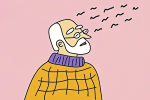 Drucke von Ein älterer Mann mit Bart und Brille, gekleidet in ein Sweater, steht vor einem weichen rosa Hintergrund. Ein minimalistisches Illustration perfekt für kreative Projekte Minimalistische Kunstwerke Drucke: Ein alter Mann in einer minimalistischen Illustration