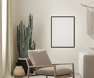 Computer Graphic Illustration Drucke: Mock up poster frame in boho interior background with beige wall