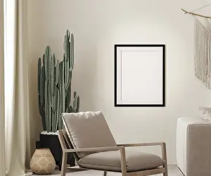 Beige Wall Interior Design Drucke: Mock up poster frame with mat in boho interior background with beige wall
