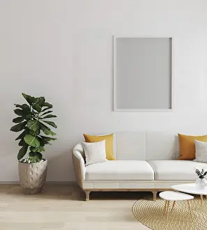 Digitale Kunst Illustration Drucke: Ein Mock-up-Plakatrahmen in modernem Innenhintergrund.