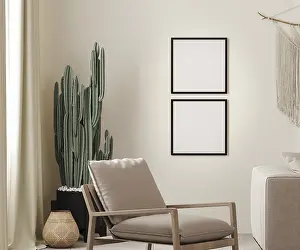 Scandinavian Interior Design Drucke: Mock up two square poster frames in boho interior background with beige wall