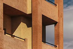 Exterior Building Photography Drucke: Modern architectural facade featuring geometric patterns and warm