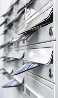 Shallow Depth Of Field Photography Drucke: Modern mailboxes filled of leaflets