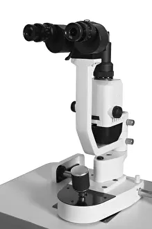 Plain White Background Photography Drucke: Modern and powerful microscope on a white background