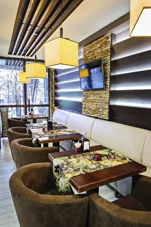 Gastronomy Photography Ideas Drucke: Modern restaurant interior with tables and sofas