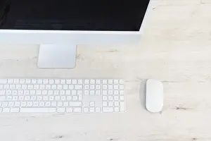 Modern Workplace Drucke: Modern workplace with desktop computer, top view