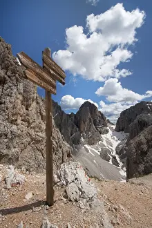 Mountainous Scenery Europe Drucke: Molignon pass with sign post, Dolomites range