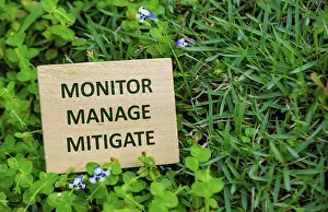 Climate Change Protection Drucke: MONITOR, MANAGE, MITIGATE, Wooden cube with sustainability message on vibrant grass background highlighting monitoring