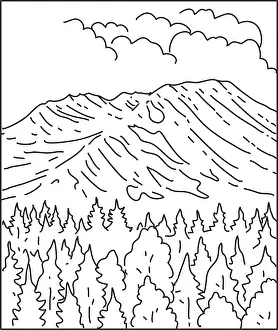 Drucke von Einzeillen-Illustration von Mount St. Helens innerhalb des Mount St. Helens Nationalen Vulkanischen Denkmals im Bundesstaat Washington in monoliner Linienstil Minimalistische Kunstwerke Drucke: Einzeillen-Illustration von Mount St.