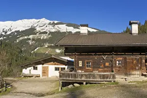 Drucke von Bergcabins, Buchenauer Alm-Alm, Kurzer Grund-Region, Tirol, Österreich Bauernhaus-Architektur Drucke: Bergchalets, Buchenauer Alm-Alpe.