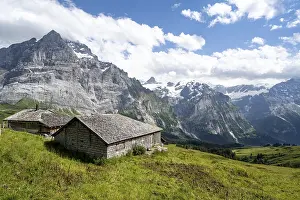 Mountainous Region Switzerland Drucke: Mountain hut, alpine huts with shingles