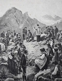 Alpine Landscape Illustration Drucke: Mountain sermon in the Tyrolean Alps