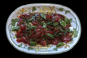 Dark Background Still Life Drucke: Mozzarella with tomatoes and basil on an oval serving plate
