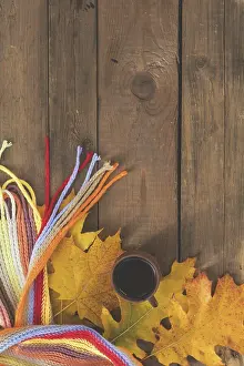 Oak Tree Background Drucke: Multicolored scarf, cup of coffee