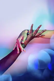 Diverse Facial Expressions Drucke: Multiethnic hands interlocked in a creative display under vibrant