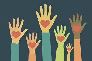 Symbolic Heart Image Drucke: Multiple hands of different skin tones are raised