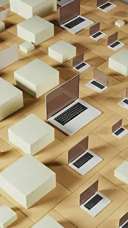 Abstract Design Concept Drucke: Multiple laptops rest on a geometric background made of tiles