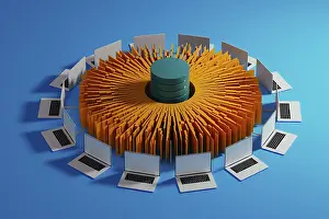 Data Collection And Analysis Drucke: Multiple laptops surround a central data hub
