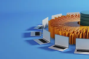 Modern Workspace Design Drucke: Multiple laptops surround a central data hub