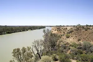 Rocky Shoreline Australia Drucke: Murray river with red cliffs and eucalyptus trees on the bank