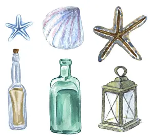 Watercolor Illustrations Drucke: Nautical set of different elements