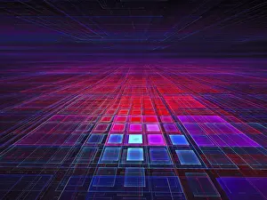 Fractal Art Design Drucke: Neon glowing grid - abstract computer-generated 3d illustration