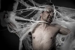 Drucke von Netzwerk. Mann in einem riesigen weißen Spinnennetz verheddert Netzspinne Drucke: Netzwerk. Mann verstrickt in riesige weißes Spinnennetz.