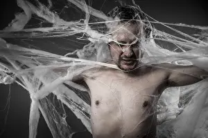 White Spider Web Drucke: Network.man tangled in huge white spider web