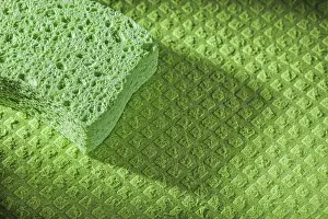 Cleaning Supplies Drucke: New kitchen sponge on dishrag