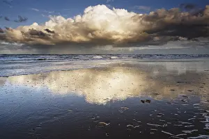 Benelux Coastal Region Drucke: North Sea, a dramatic cloud reflected in the wet sandy beach