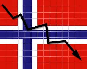 Uninhabited Norwegian Landscape Photo Drucke: The Norwegian flag and arrow graph going down