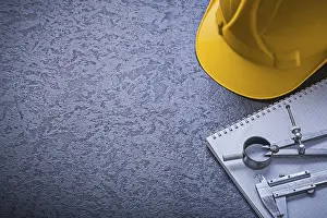 Safety Helmet Close Up Drucke: Notebook hard hat divider vernier scale copyspace construction concept