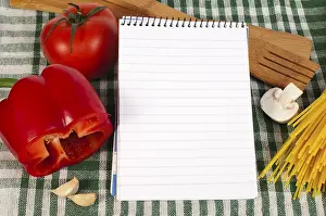 Empty Kitchen Still Life Drucke: Notebook to write recipes and vegetables around it