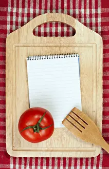 Empty Kitchen Still Life Drucke: Notebook to write recipes and vegetables around it