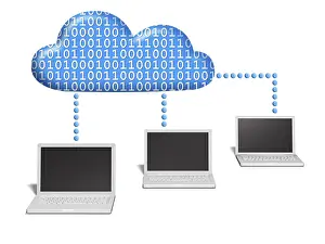 Cloud Computing Concept Drucke: Three notebooks connected to a cloud which is filled with binary code