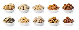 Close Up Nuts Drucke: Nuts collection isolated on a white background