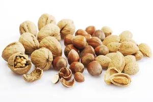 Studio Shot Almonds Drucke: Nuts: walnuts, hazelnuts and almonds