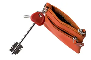 Elegant Female Accessories Drucke: Object on white - handbag for key close up