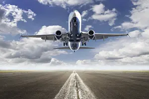 Deserted Airport Scene Drucke: take off of an modern airliner against a cloudy sky