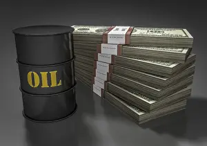 US Dollar Note Picture Drucke: Oil barrel in front of stack of dollar bills