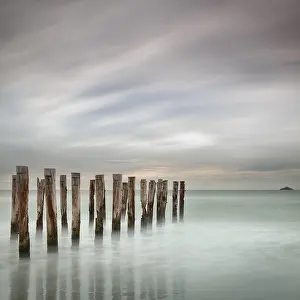 Coastal Area Photography Drucke: Old jetty posts on the beach at St Clair