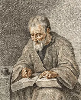 Vintage Styled Drawing Drucke: Old Man Writing Notes in a Book