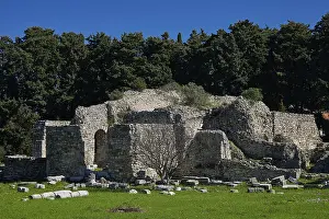 Kos Island Greece Drucke: Old massive stone structures surrounded by trees under a clear blue sky