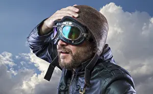 Leather Jacket Fashion Drucke: Old plane pilot on background of storm clouds with expressive face